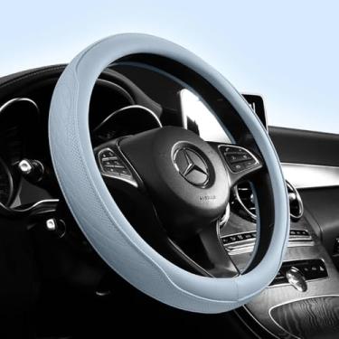 Imagem de Capa de volante universal de 38 cm - Couro PU respirável com aderência de borracha inodora, design clássico antiderrapante, serve na maioria dos carros e SUVs (azul claro)