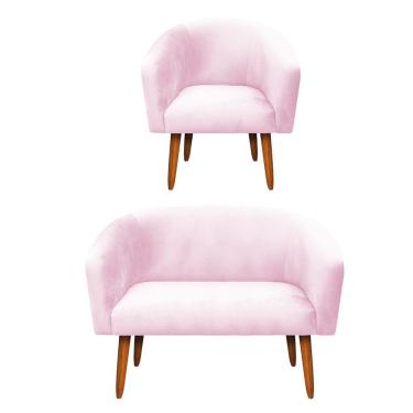 Imagem de Kit 01 Namoradeira e 01 Poltrona Suede Rosa Bebê Pés Palito