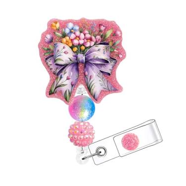 Imagem de Horee Carretel de crachá retrátil com clipe jacaré, porta-cartão de identificação de enfermeira de acrílico com glitter, design engraçado rosa brilhante (laço)