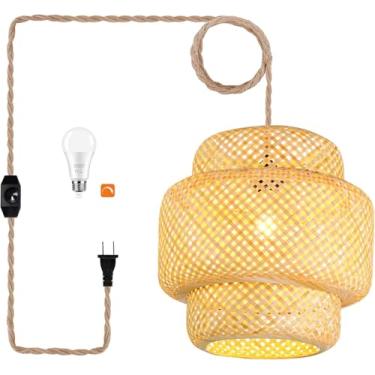 Imagem de Luminária pendente de plugue em vime com cabo de plugue lâmpada suspensa de bambu regulável, abajur de cesta de vime boho tecido feito à mão, luminária de teto para sala de estar, quarto, cozinha