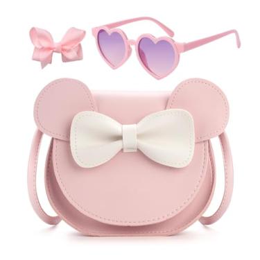 Imagem de LJCTULY Bolsa infantil para meninas - Bolsa tiracolo com laço de orelha de rato pequeno - Bolsa fofa para crianças de 2 a 8 anos - Conjunto de presente de aniversário para meninas (rosa)
