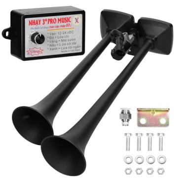 Imagem de CIADAZ Buzina de ar de trompete dupla 150db, buzina elétrica alta 12-24v com válvula solenoide, 12 sons, controlador de buzina para carro, caminhão, rv, barco marinho