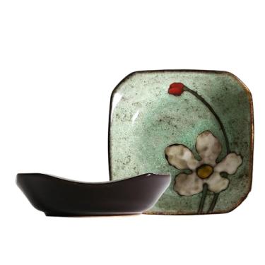 Imagem de Prato de cerâmica quadrado delicado e criativo em estilo japonês para uso doméstico simples e retrô - verde claro