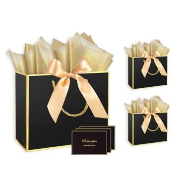Imagem de Sacos de presente de tamanho grande com papel de seda e alças, fita de laço e cartões comemorativos (preto, 1 unidade (pacote com 3))