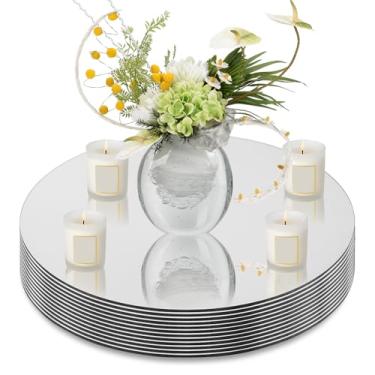 Imagem de Cheardia Conjunto de 12 pratos de velas espelhadas redondas – Centros de mesa espelhados de 30 cm para mesas, bandejas de espelho de vidro circulares de 1,7 mm de espessura para decoração de
