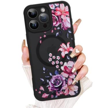 Imagem de AIGOMARA Capa para iPhone 16 Pro, compatível com MagSafe, linda flor de lírio rosa com capa de telefone fosca semitransparente para mulheres Gilrs TPU macio e PC capa protetora traseira fina roxa