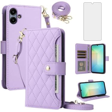 Imagem de Furill Capa de celular para Samsung Galaxy A04e carteira com protetor de tela de vidro temperado alça flip suporte de cartão de crédito acessórios suporte cordão pulso slot robusto AO4e A 04e mulheres