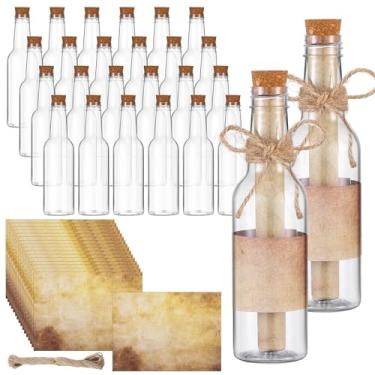 Imagem de Baderke 24 garrafas de mensagem de 159 g com 50 folhas de garrafas de plástico de papel de design vintage e fios de rolhas para convites de mensagens, aniversário, casamento, chá de bebê, artesanato