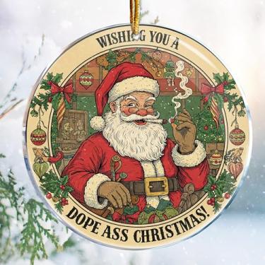 Imagem de Decorações de Natal – Impressão dupla face acrílica de 9 cm (Desejando a você uma droga Ass Natal 3 - Papai Noel fumando maconha maconha presentes para amigos hilariante adulto travesso engraçado)