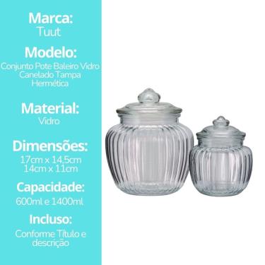 Imagem de Conjunto 2 Potes Baleiro Vidro Canelado Tampa Hermética