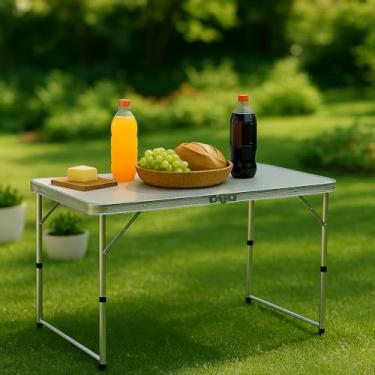 Imagem de Mesa Dobravel Portatil Que Vira Maleta Com Altura Ajustável e Alça de Transporte para Camping Churrasco Praia 120x60cm Branca