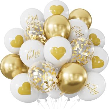 Imagem de Conjunto de 18 peças de balões brancos e dourados Oh Baby - Balões de látex estampados de 30,5 cm, balões de confetes dourados metálicos brancos para chá de bebê, revelação de gênero, aniversário