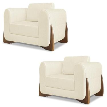 Imagem de Poltrona Para Sala Base De Madeira Kit 2 Izzy S06 Linho Pérola - Mpozenato