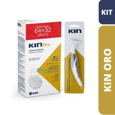 Imagem de KIN ORO  Kit 96 Pastilhas + 1 Escova  Limpeza de Próteses e Aparelhos