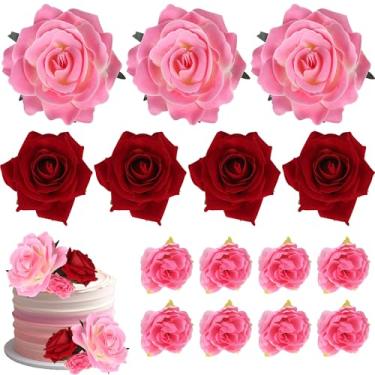 Imagem de Pacote com 10 decorações de cupcake de flores artificiais rosas artificiais para bolos de flores rosa vermelha artificiais, palitos de bolo para chá de bebê, faça você mesmo, casamento, aniversário