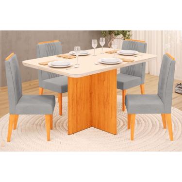 Imagem de Sala de Jantar Completa Hera Tampo Madeirado c/ Vidro Reto 120x90cm e 4 Cadeiras Lia Cedro/Off White - Suede Lunar - DJ Móveis