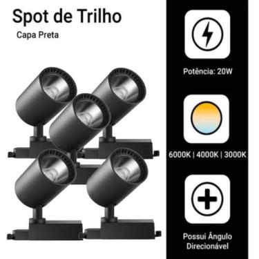 Imagem de Kit 5 Luminária Preto Trilho Spot Led 20W 3500K Branco Quente - AP