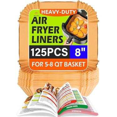 Imagem de Forros de fritadeira de ar descartáveis, 125 peças de forros de airfryer de 20 cm, papel pergaminho antiaderente quadrado com folha de dicas da fritadeira a ar, livreto de guia de culinária, livros de