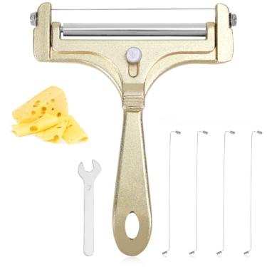 Imagem de Kit Fatiador de Queijo, Espessura Ajustável Fatiador Queijo Portátil Ferro com 4 Fios Extras e Chave Inglesa Cortador de Alimentos para Manteiga Mussarela Cheddar (Ouro)