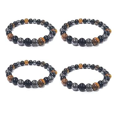 Imagem de Conjunto de pulseiras magnéticas de hematita com contas de pedra olho de tigre obsidiana preta, proteção tripla, alívio da ansiedade, pulseira elástica para homens e mulheres, boa sorte, energia e terapia de cura, Pedra, Liga metálica.,