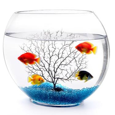 Imagem de Okllen Mini aquário de vidro, pequeno aquário oblato com decoração de aquário azul, areias e enfeite de árvore de ramo de coral de plástico para aquário de peixes Betta, 1 galão