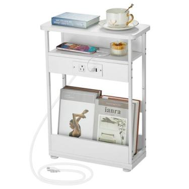 Imagem de Mesa lateral YEAKOO Narrow com estação de carregamento branca de 3 cam