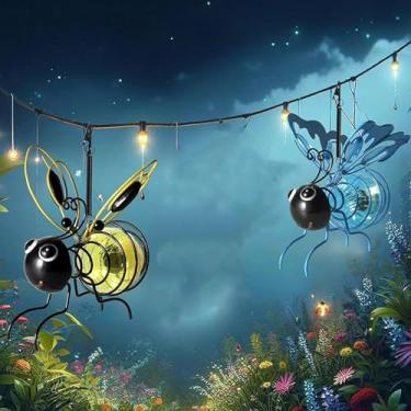 Imagem de EMINGSKY Luz de abelha pendurada alimentada por energia solar, insetos externos de LED de metal com molas saltitantes, decoração de pendurar para decoração de jardim externo, quintal, varanda, varanda