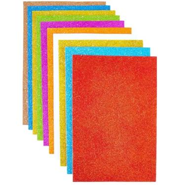 Imagem de SOFPLATE Pacote com 10 folhas autoadesivas de espuma com glitter, folhas de artesanato de espuma, aleatórias, coloridas, A4, retangulares, 29 x 19 cm, cartolina de mesa de EVA brilhante para scrapbook