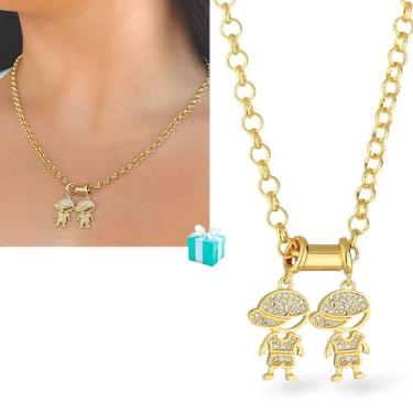 Imagem de Colar Feminino Pingente Filhos Casal Cravejado Semi Joia - Santo Estil