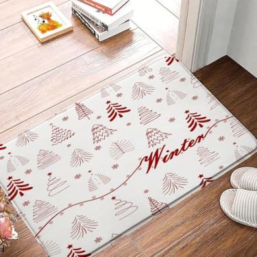 Imagem de YNFUQANLN Tapete de banho de árvore de Natal vermelho árvores de Natal floco de neve festival de férias de inverno Ano Novo, branco 45 x 75 cm microfibra espuma de memória banheiro cozinha tapete