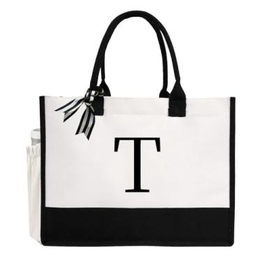 Imagem de XIGGA Sacola de lona com letras da lnitial, adequada como presente personalizado para mulheres, lembrança de casamento, presente de dia das mães - média, Branco-T, Medium