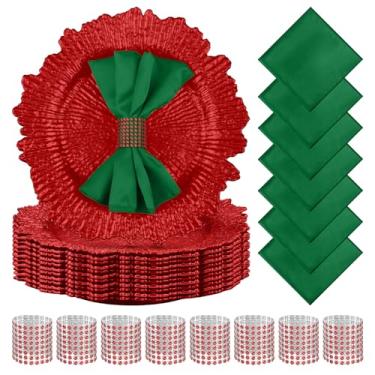 Imagem de Tanlade 72 peças de placas de carregamento a granel, 24 peças, carregadores de prato de recife floral de 33 cm com 24 anéis de guardanapo e 24 guardanapos de pano, conjunto de carregadores de jantar de plástico para mesa de festa de casamento (vermelho, verde)