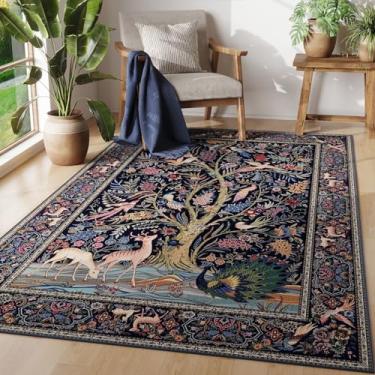 Imagem de Rugcomf Tapetes de área 10 x 15 vibrantes com estampa de árvore da vida, vintage, lavável, antiderrapante, tapete pequeno, para quarto, cabeceira, quarto de crianças, escritório, sala de jantar, azul