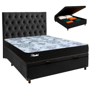 Imagem de Cama Box Bau + Colchão Casal Molas Ensacadas Life Gold Paropas + Cabeceira Estofada