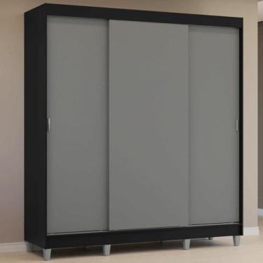 Imagem de Guarda-roupa Casal Com Pés 3 Portas De Correr Preto Cinza Reno Madesa