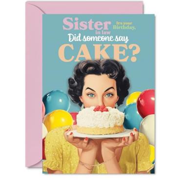 Imagem de Cartão de aniversário Sister in Law - Did Somesone Say CAKE? - Cartão de feliz aniversário para cunhada do irmão irmão, cartões comemorativos estilo festa vintage A5