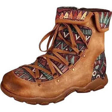 Imagem de Botas femininas ocidentais, botas femininas de salto baixo com cadarço e cano baixo, botas de cano baixo, botas de cano curto para neve, Marrom, 39 BR
