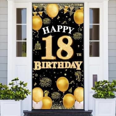 Imagem de PHXEY Faixa de aniversário de 18 anos ouro preto, decoração de feliz aniversário de 18 anos, tecido 18 anos festa de aniversário sinal de quintal adereços de cabine de fotos decoração de pano de fundo