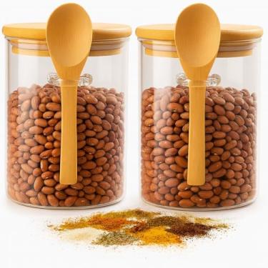 Imagem de Kit 2 Potes de Vidro Porta-Mantimentos 550ml com Tampa de Bambu Hermética, Colher Acoplada e Vedação Antivazamento