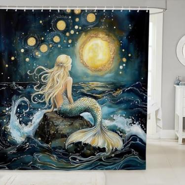 Imagem de Cortinas de chuveiro de princesa sereia, escamas de peixe, cauda, criaturas do oceano, decoração de casa de banho, lua e ondas do mar, cortinas à prova d'água azul-petróleo, 12 ganchos, 182 cm L x 183