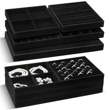Imagem de Cinnvoice Conjunto de 10 bandejas organizadoras de joias empilháveis para gaveta de 35,5 cm de veludo com compartimento removível para colar, brinco, relógio, pulseira (preto)