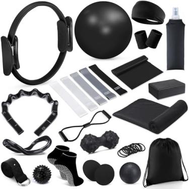 Imagem de Halloscume Kit de 24 peças de pilates em casa para mulheres, conjunto de anel e bola de equipamento de Pilates com alça de alongamento, garrafa de água, círculo mágico, anel de ioga, bolsa de
