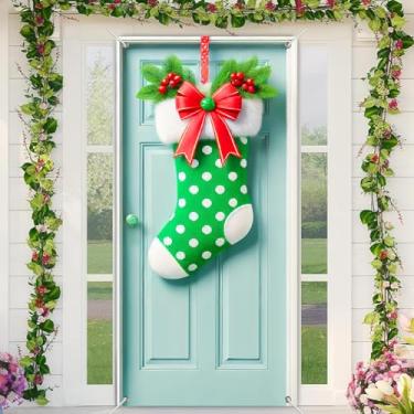 Imagem de BlissYard Capa de porta de Natal, fundo fotográfico, meia de Natal, bolinhas verdes, 89 x 188 cm, decoração de porta de inverno, faixa para decoração de casa, exterior, interior, entrada, festa