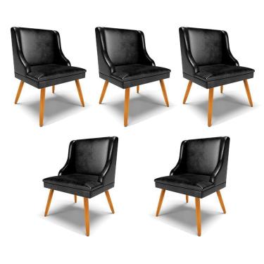 Imagem de Kit 5 Cadeiras Decorativas Sala De Jantar Pés Palito De Madeira Firenze Pu Preto Brilho/natural G19