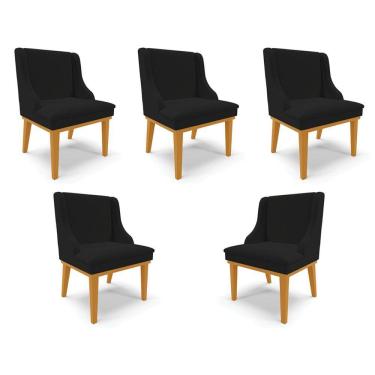 Imagem de Kit 5 Cadeiras Decorativas Sala De Jantar Base Fixa De Madeira Firenze Linho Preto/castanho G19