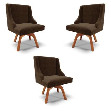 Imagem de Kit 3 Cadeiras Decorativas Sala De Jantar Base Giratória De Madeira Firenze Suede Marrom/natural G19 - Gran Belo
