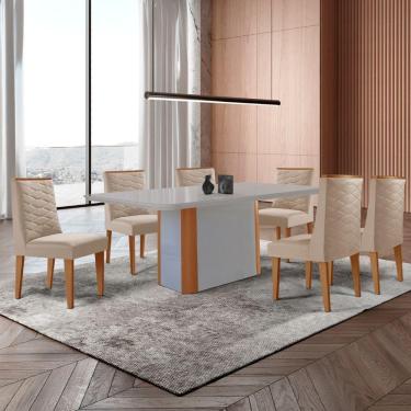 Imagem de Mesa De Jantar Isadora 180cm Tampo Mdf Vidro Com 6 Cadeiras Veludo Creme Off White Naturale Serigrafia