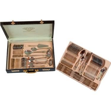 Imagem de Faqueiro Dourado, Banho de Ouro 24K, Faqueiro Completo, 84 Peças, Produto Importado, Lavável, Brilhante, com Maleta de Couro, Faqueiros de Luxo, Mesa Posta, Jogo de Mesa Completo
