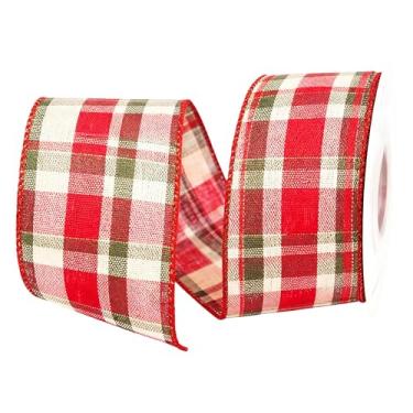 Imagem de Meseey Fita de serapilheira xadrez verde musgo vermelho e marfim búfalo 6 cm x 10 metros de Natal xadrez xadrez fitas com fio para arco grande, guirlanda de outono, embrulho de presente, artesanato