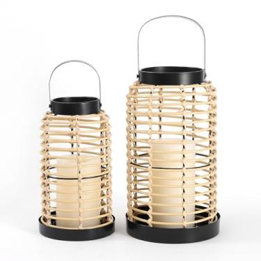 Imagem de Conjunto de 2 lanternas Boho tecidas à mão – castiçais para sala de estar, mesa de jantar, pátio e varanda – lanternas decorativas modernas e boêmias, decoração artesanal para melhorar sua casa